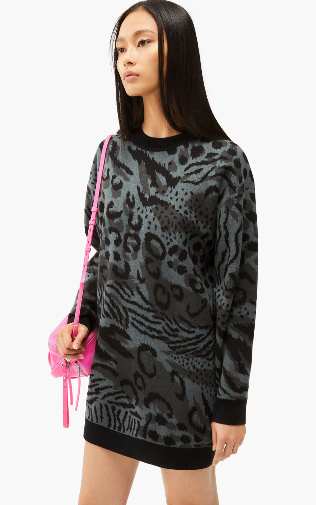Kenzo Archive Leopard merino wool sweater Dress Grey For Womens 7934CHZML